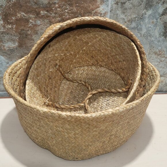Nested  Woven Seagrass Baskets Rounded Belly Foldable Handles Set of 3 - Picture 11 of 13